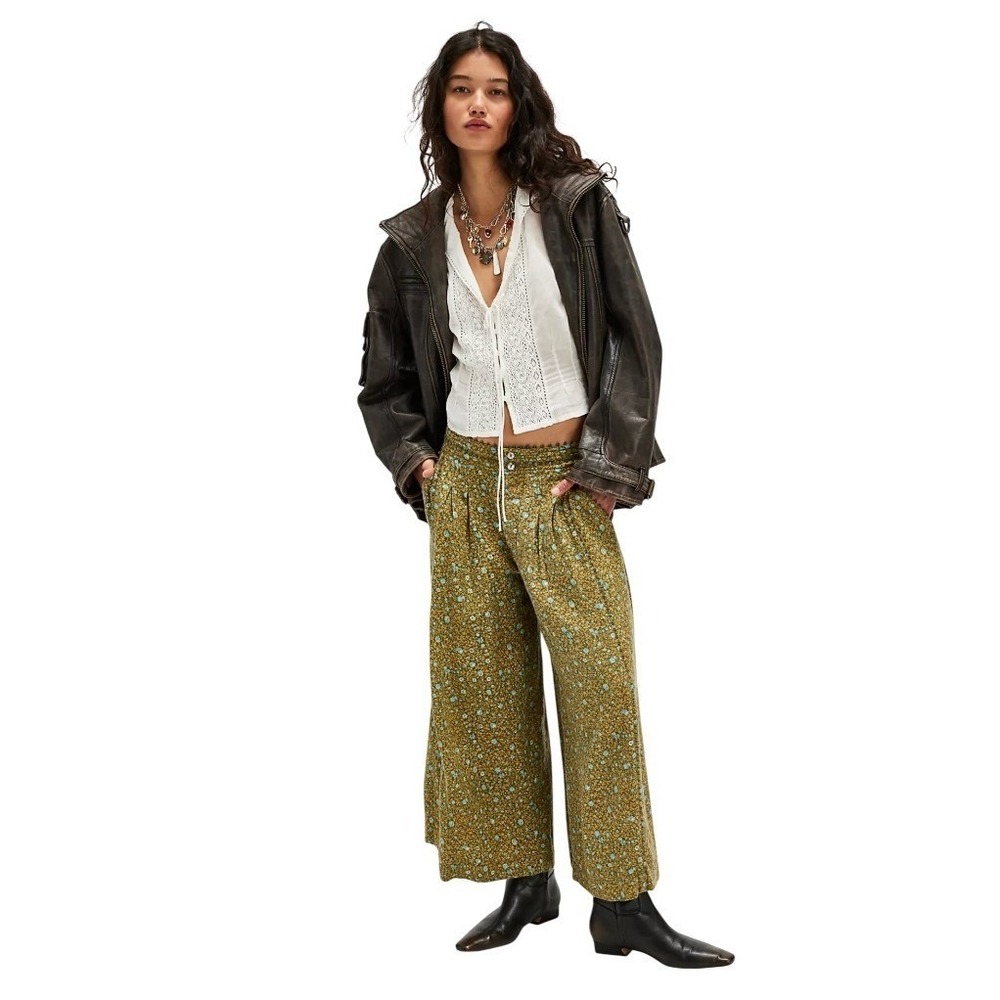 Free People Bali Guinevere Trousers Women Green Floral Linen Blend Small Elastic